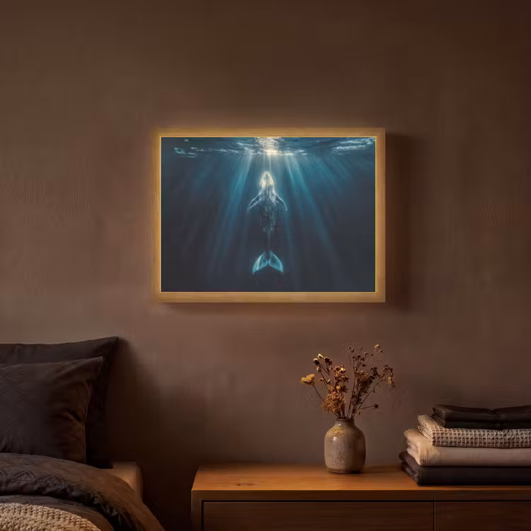 Walvis - Water - Zonnestralen - Blauw Light Box met batterij (Wandlamp) middel -sfeer4