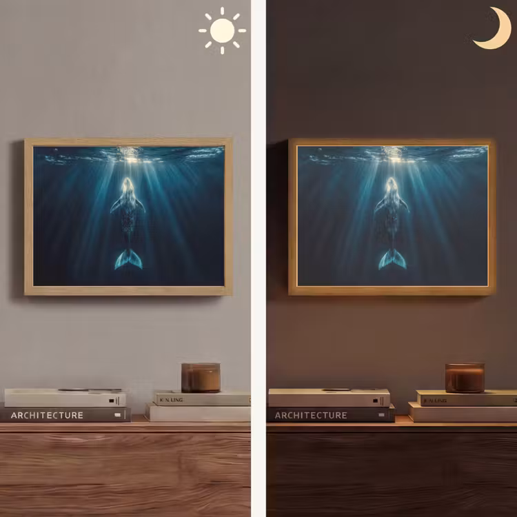 Walvis - Water - Zonnestralen - Blauw Light Box met batterij (Wandlamp) middel -sfeer3