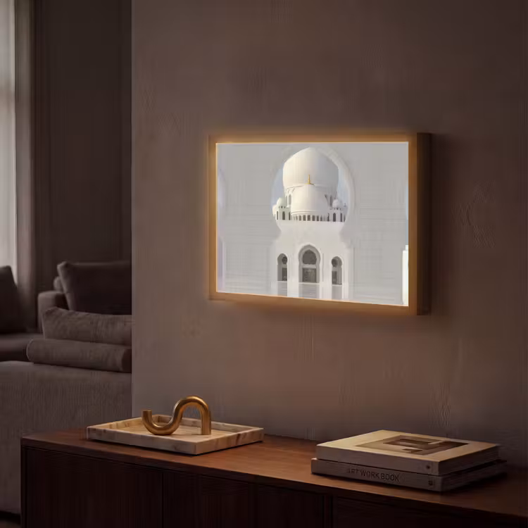 Witte koepel - Gouden Details - Moskee Light Box met batterij (Wandlamp) middel -sfeer1