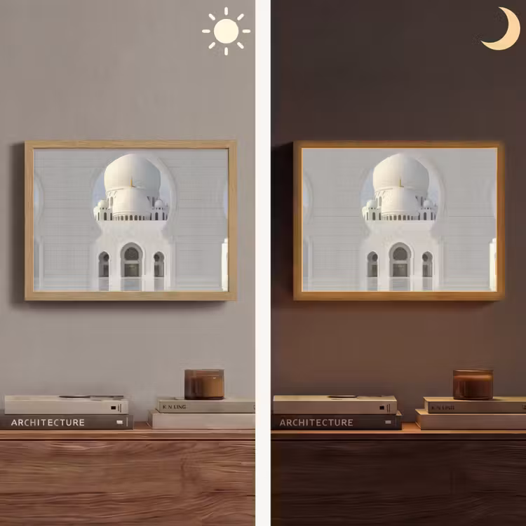 Witte koepel - Gouden Details - Moskee Light Box met batterij (Wandlamp) middel -sfeer3
