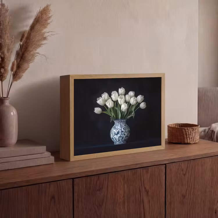 Wit - Bloemen - Tulpen - Vaas Light Box met batterij (Wandlamp) middel -sfeer2