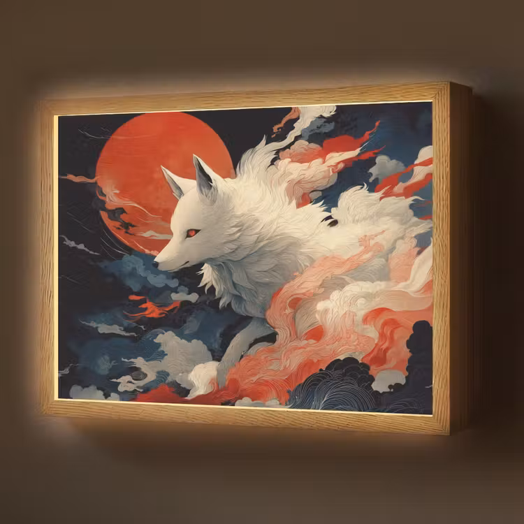 Witte vos - wolken - maan Light Box met batterij (Wandlamp) middel -z3d_website