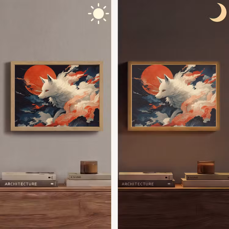 Witte vos - wolken - maan Light Box met batterij (Wandlamp) middel -sfeer3