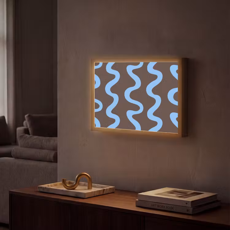 Kronkelende lijnen - Blauw - Bruin - Minimalistisch Light Box met batterij (Wandlamp) middel 907 -sfeer1