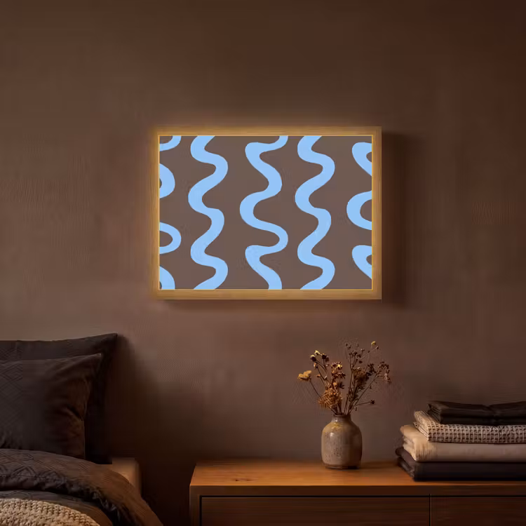 Kronkelende lijnen - Blauw - Bruin - Minimalistisch Light Box met batterij (Wandlamp) middel 907 -sfeer4