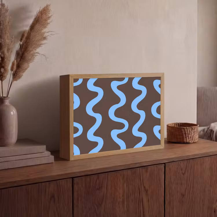 Kronkelende lijnen - Blauw - Bruin - Minimalistisch Light Box met batterij (Wandlamp) middel 907 -sfeer2