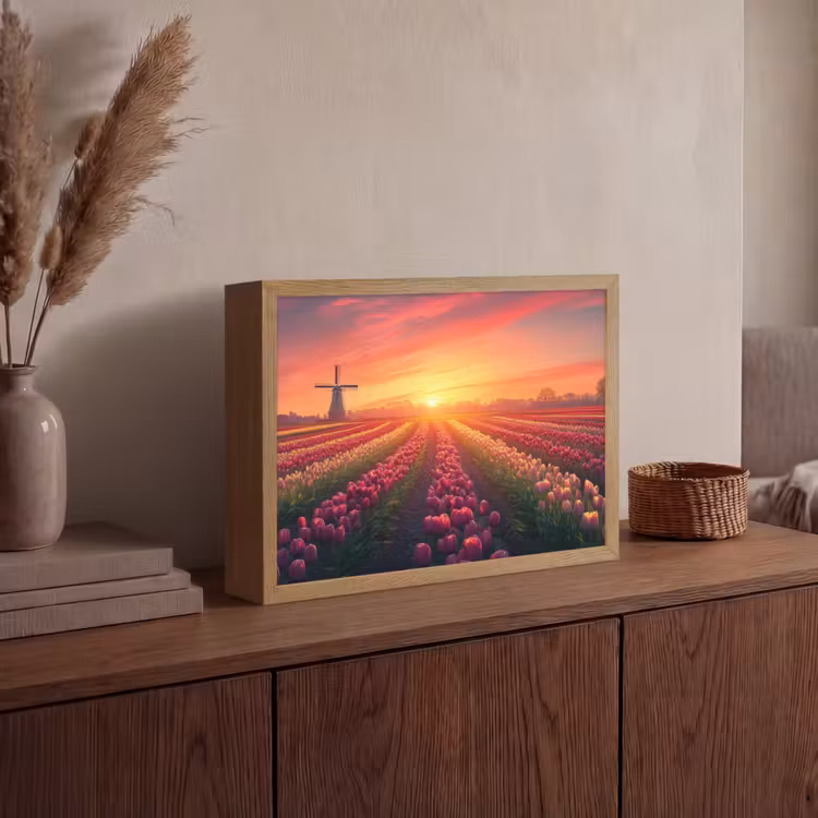 Windmolen - Zonsondergang - Landschap Light Box met batterij (Wandlamp) middel -sfeer2