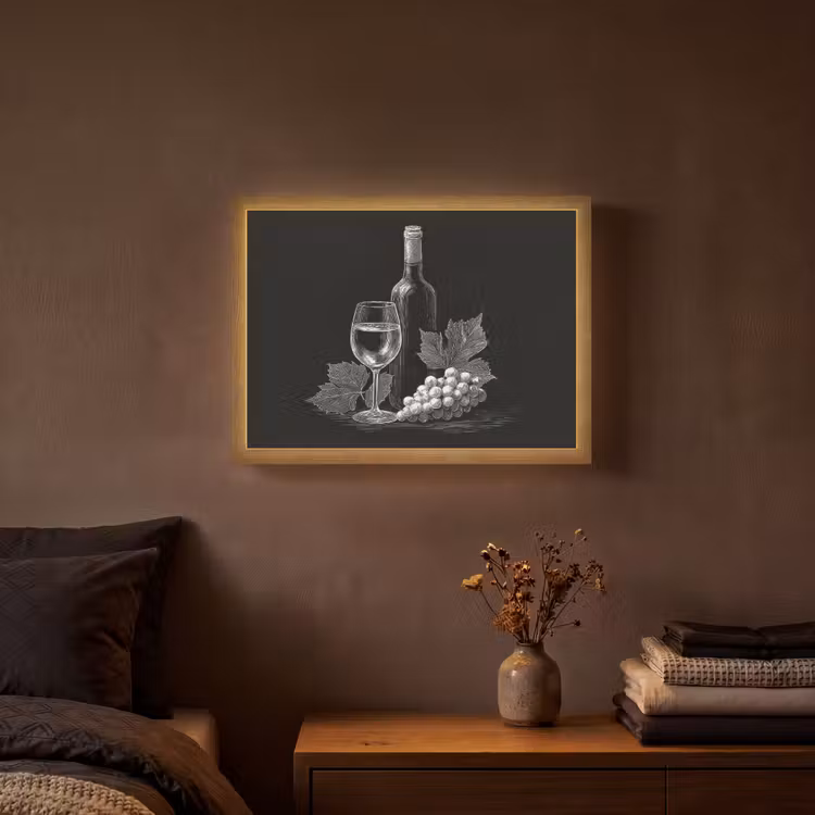 Wijnfles - Glas - Druiven - Bladeren Light Box met batterij (Wandlamp) middel -sfeer4