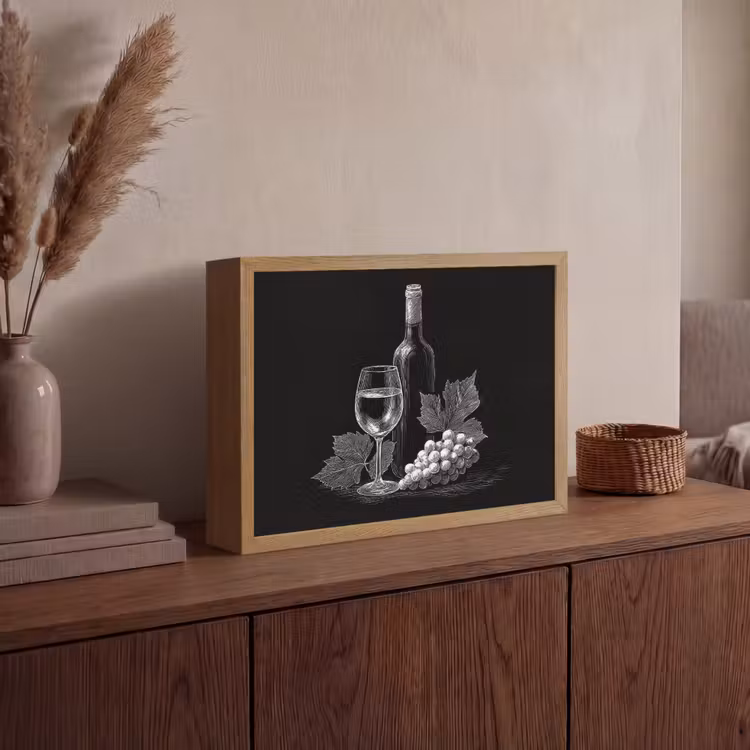 Wijnfles - Glas - Druiven - Bladeren Light Box met batterij (Wandlamp) middel -sfeer2