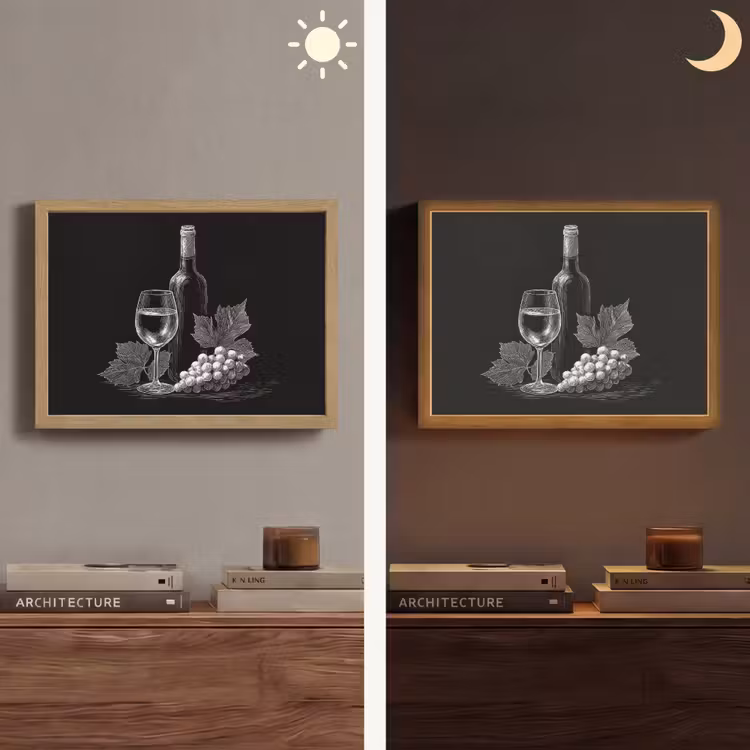 Wijnfles - Glas - Druiven - Bladeren Light Box met batterij (Wandlamp) middel -sfeer3