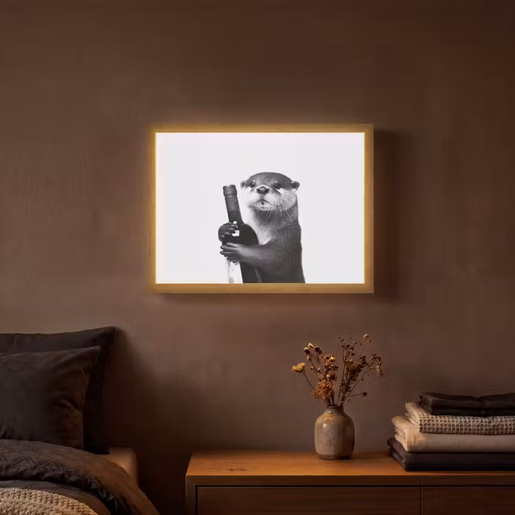 Wijnfles - Otter - Zwart Light Box met batterij (Wandlamp) middel -sfeer4