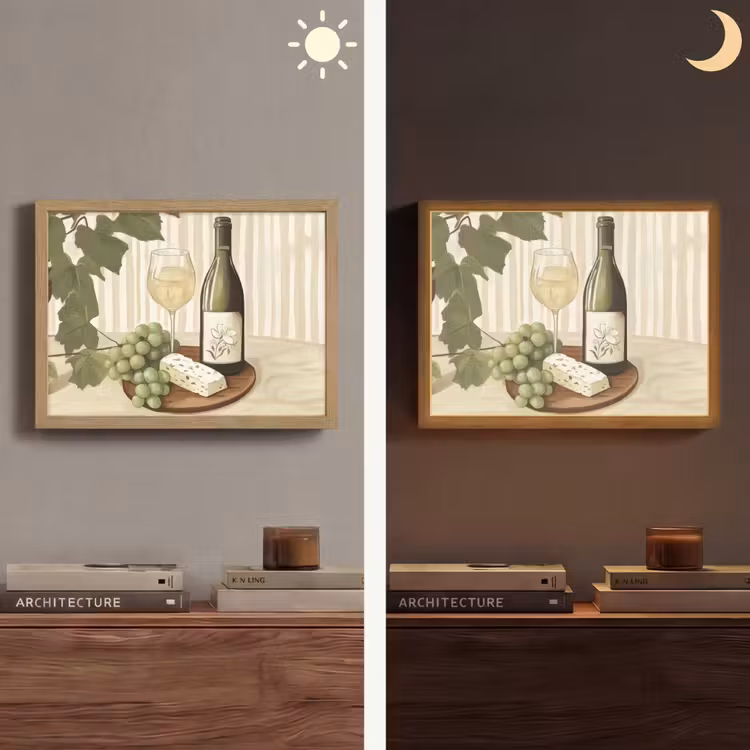 Wijn - Druiven - Kaas - Bladeren Light Box met batterij (Wandlamp) middel -sfeer3
