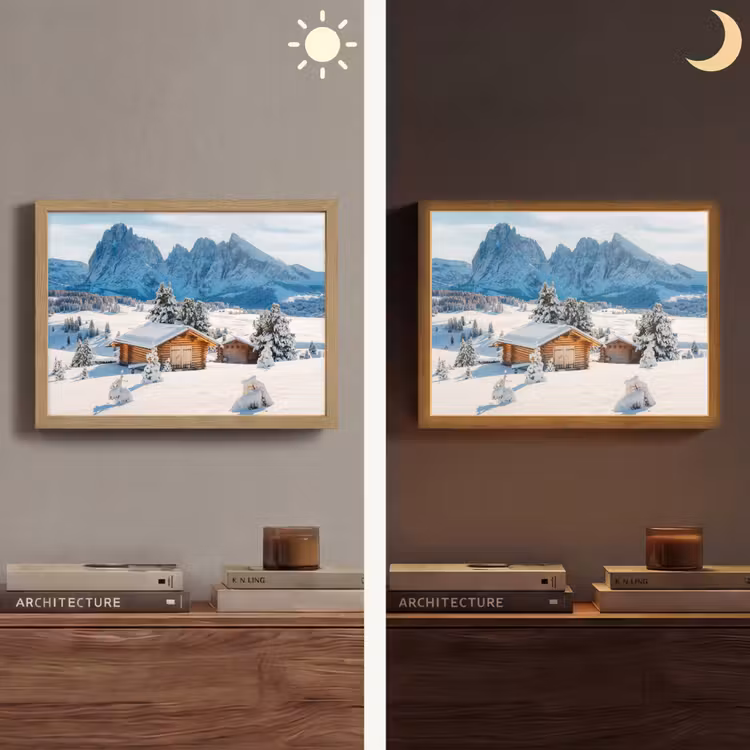 Winter - Huisje - Bergen - Uitzicht - Sneeuw Light Box met batterij (Wandlamp) middel -sfeer3