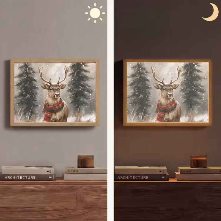 Winter - Bos - Rendier - Donker Light Box met batterij (Wandlamp) middel -sfeer3