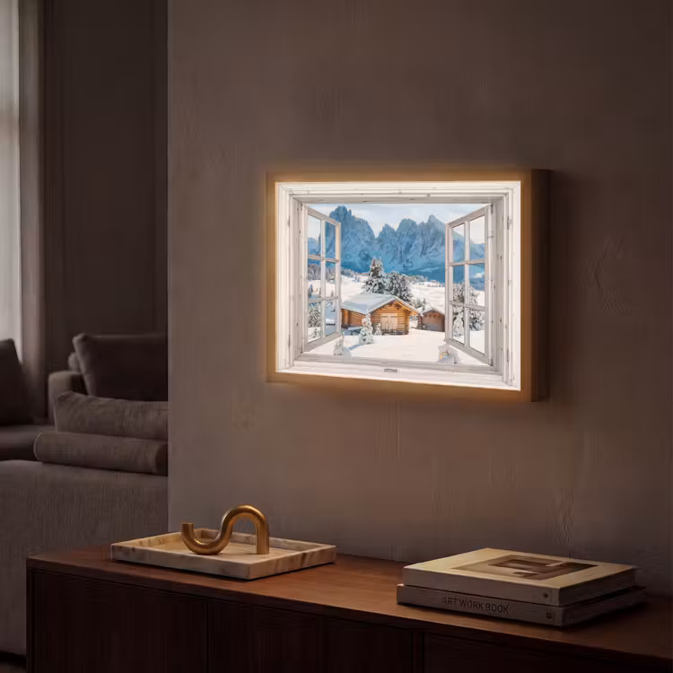 Winterlandschap - Huisje - Bergen - Uitzicht - Doorkijk - Natuur Light Box met batterij (Wandlamp) middel -sfeer1