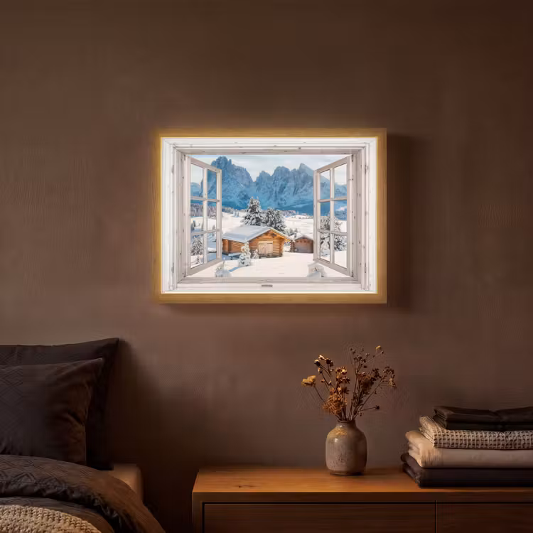 Winterlandschap - Huisje - Bergen - Uitzicht - Doorkijk - Natuur Light Box met batterij (Wandlamp) middel -sfeer4
