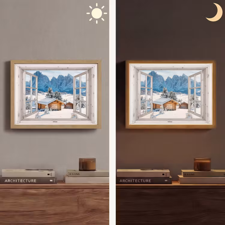 Winterlandschap - Huisje - Bergen - Uitzicht - Doorkijk - Natuur Light Box met batterij (Wandlamp) middel -sfeer3