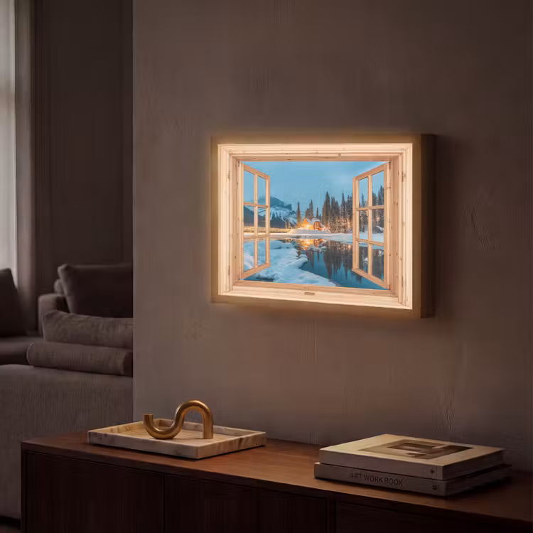 Winterlandschap - Natuur - Huis - Bergen - Doorkijk - Raam Light Box met batterij (Wandlamp) middel -sfeer1