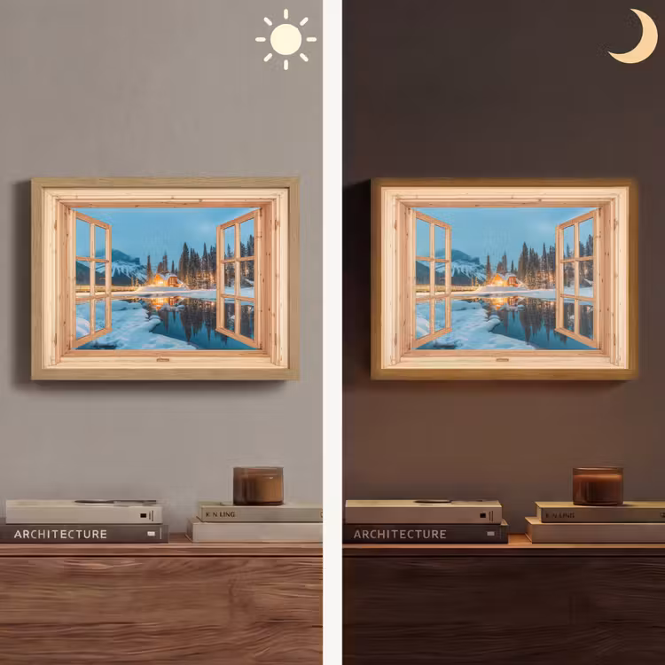 Winterlandschap - Natuur - Huis - Bergen - Doorkijk - Raam Light Box met batterij (Wandlamp) middel -sfeer3