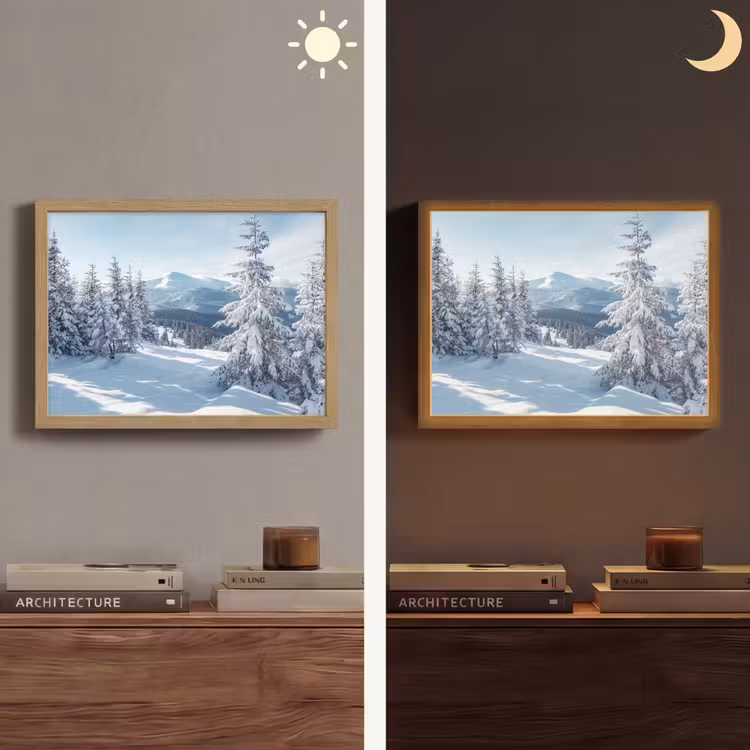 Winterlandschap - Natuur - Berg - Bomen - Sneeuw Light Box met batterij (Wandlamp) middel -sfeer3