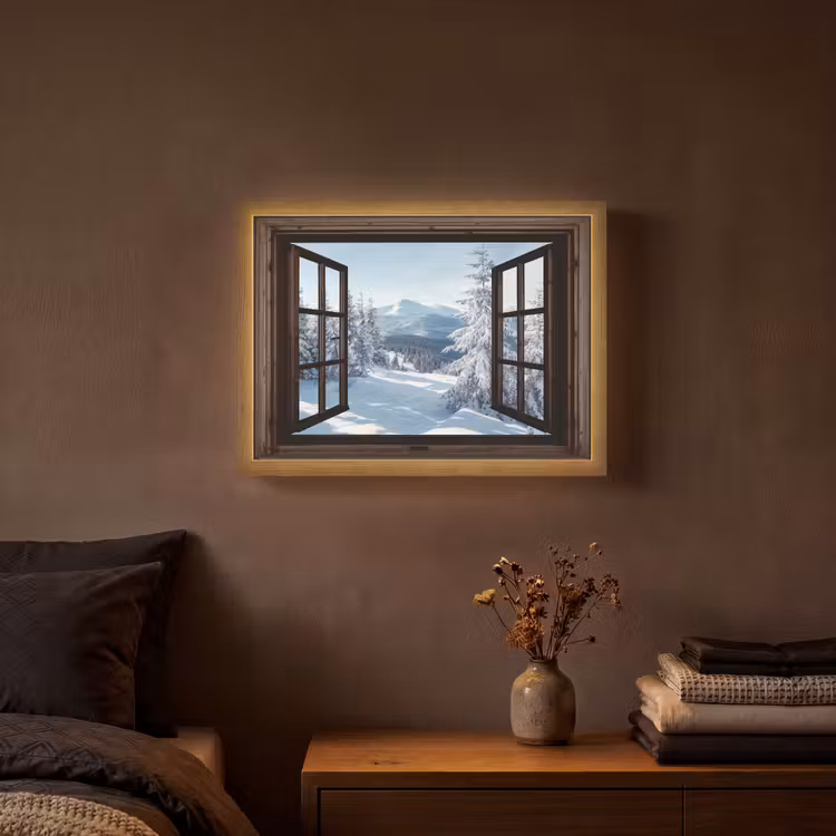 Winter - Landschap - Natuur - Berg - Bomen - Doorkijk - Uitzicht Light Box met batterij (Wandlamp) middel -sfeer4