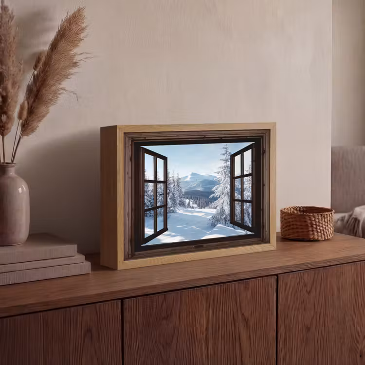 Winter - Landschap - Natuur - Berg - Bomen - Doorkijk - Uitzicht Light Box met batterij (Wandlamp) middel -sfeer2