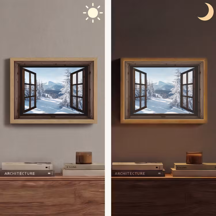 Winter - Landschap - Natuur - Berg - Bomen - Doorkijk - Uitzicht Light Box met batterij (Wandlamp) middel -sfeer3