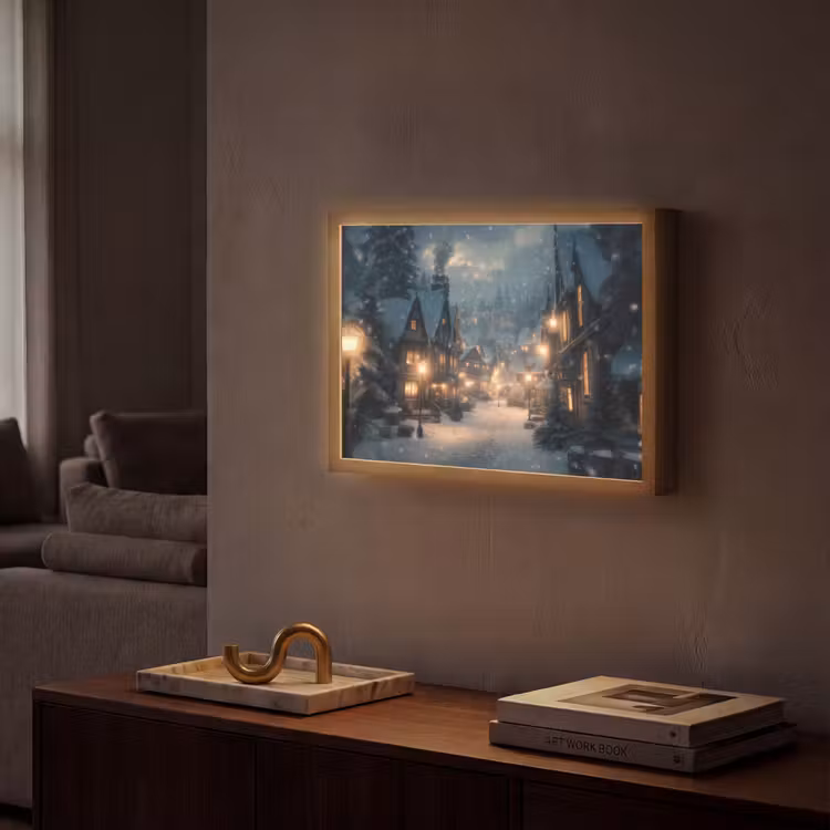 Winterdorp - Sneeuw - Donker Light Box met batterij (Wandlamp) middel -sfeer1