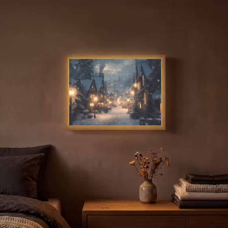 Winterdorp - Sneeuw - Donker Light Box met batterij (Wandlamp) middel -sfeer4
