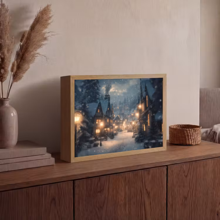Winterdorp - Sneeuw - Donker Light Box met batterij (Wandlamp) middel -sfeer2