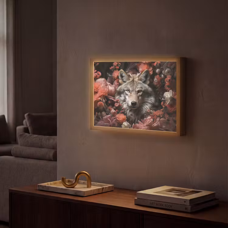 Wolf - Dier - Bloemen - Botanisch - Natuur - Fantasie Light Box met batterij (Wandlamp) middel -sfeer1
