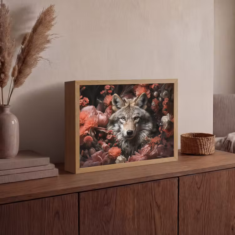 Wolf - Dier - Bloemen - Botanisch - Natuur - Fantasie Light Box met batterij (Wandlamp) middel -sfeer2