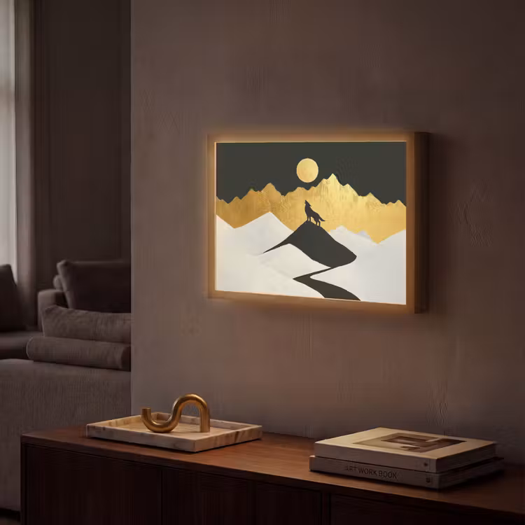 Wolf - Bergen - Maan - Zwart Light Box met batterij (Wandlamp) middel -sfeer1