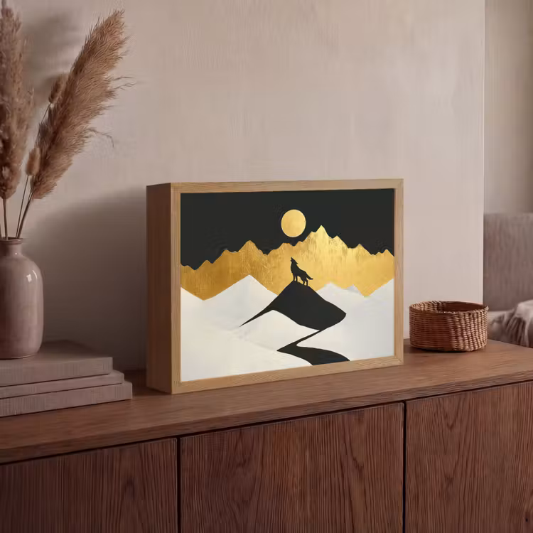Wolf - Bergen - Maan - Zwart Light Box met batterij (Wandlamp) middel -sfeer2