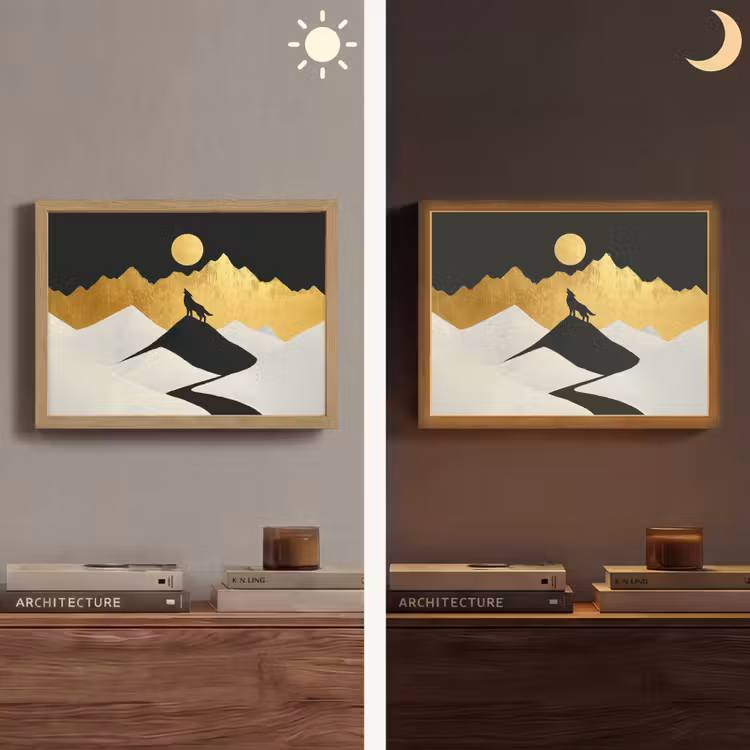 Wolf - Bergen - Maan - Zwart Light Box met batterij (Wandlamp) middel -sfeer3