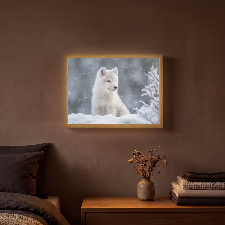 Wolf - Pup - Sneeuw Light Box met batterij (Wandlamp) middel -sfeer4