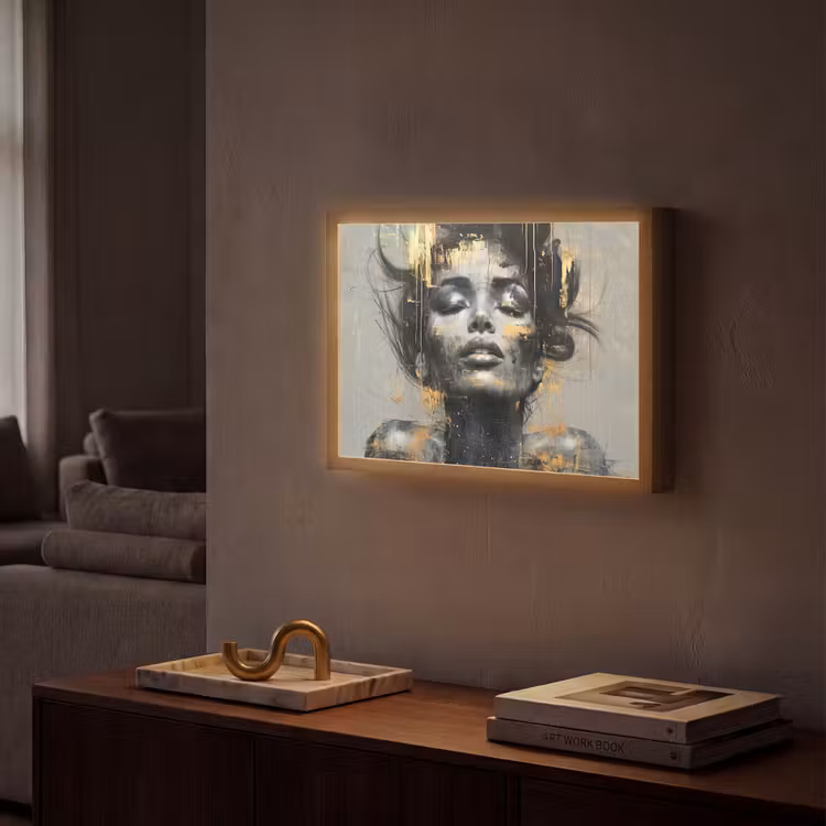 Vrouw - Kunst - Goud - Abstract - Glamour Light Box met batterij (Wandlamp) middel -sfeer1