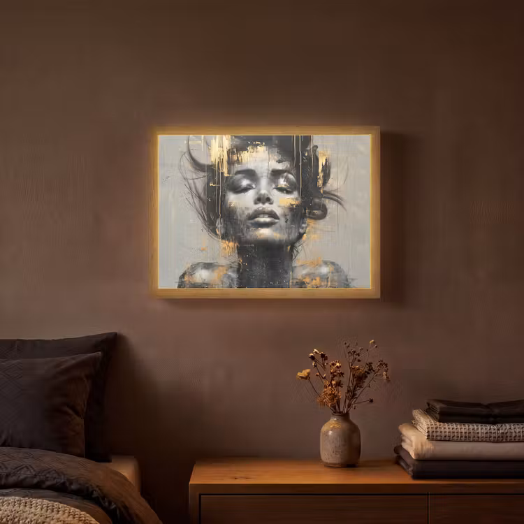 Vrouw - Kunst - Goud - Abstract - Glamour Light Box met batterij (Wandlamp) middel -sfeer4