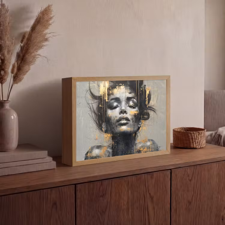 Vrouw - Kunst - Goud - Abstract - Glamour Light Box met batterij (Wandlamp) middel -sfeer2