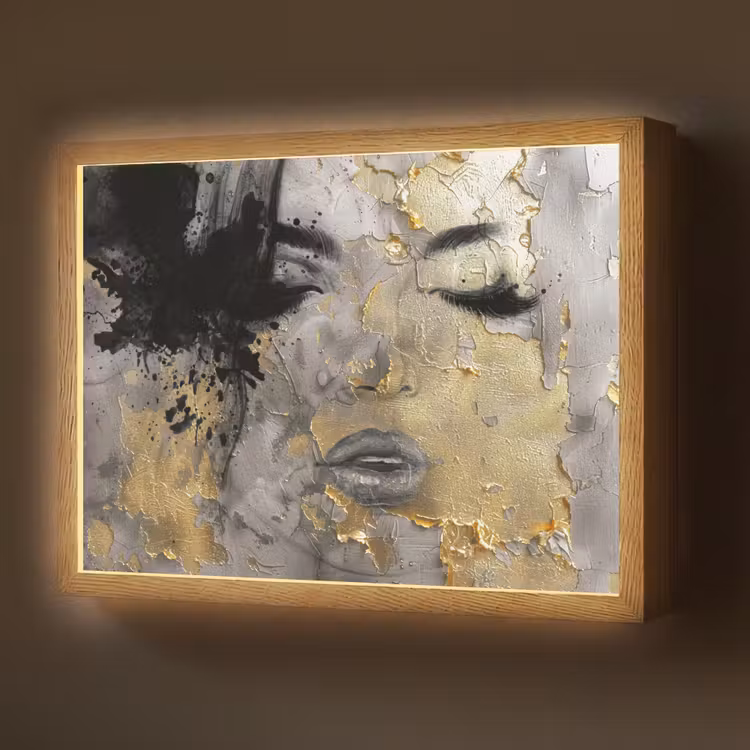 Vrouw - Kunst - Goud - Zwart Light Box met batterij (Wandlamp) middel -z3d_website