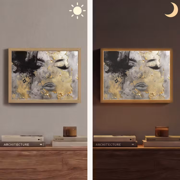 Vrouw - Kunst - Goud - Zwart Light Box met batterij (Wandlamp) middel -sfeer3