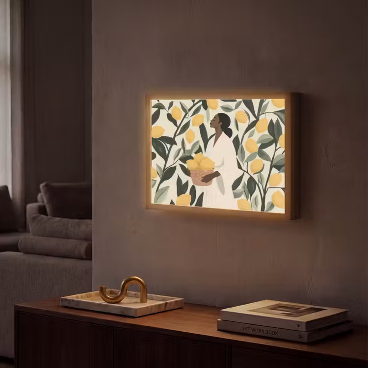 Vrouw - Mand - Citroenen - Bladeren Light Box met batterij (Wandlamp) middel -sfeer1
