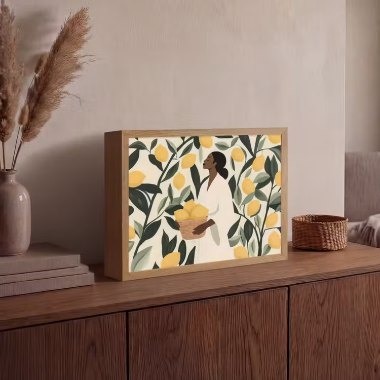 Vrouw - Mand - Citroenen - Bladeren Light Box met batterij (Wandlamp) middel -sfeer2