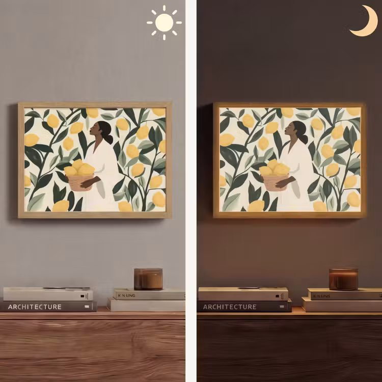 Vrouw - Mand - Citroenen - Bladeren Light Box met batterij (Wandlamp) middel -sfeer3