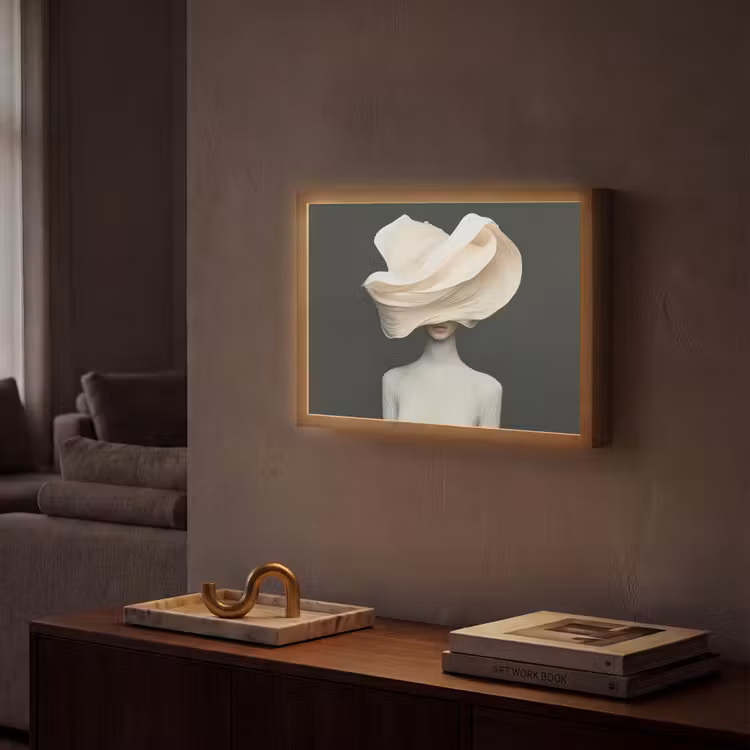 Vrouw - Beige - hoed Light Box met batterij (Wandlamp) middel -sfeer1