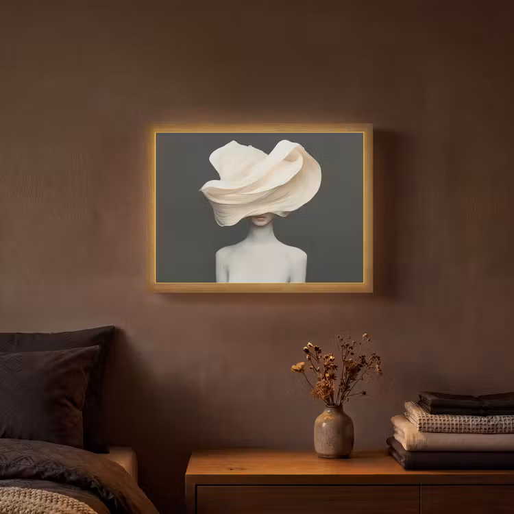 Vrouw - Beige - hoed Light Box met batterij (Wandlamp) middel -sfeer4