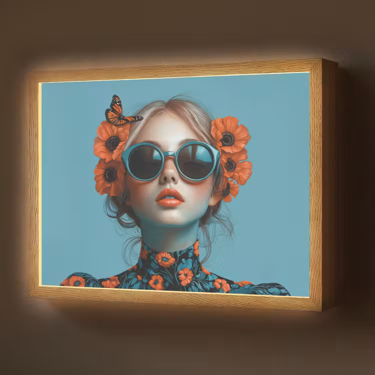 Vrouw - Blauw - Vlinder - Bloemen - Aesthetic Light Box met batterij (Wandlamp) middel -z3d_website