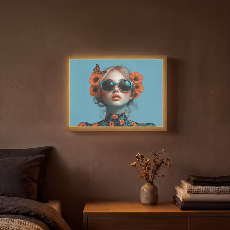 Vrouw - Blauw - Vlinder - Bloemen - Aesthetic Light Box met batterij (Wandlamp) middel -sfeer4