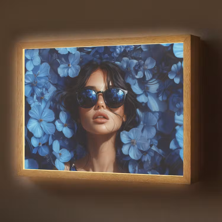 Vrouw - Blauw - Bloemen - Vlinders - Natuur Light Box met batterij (Wandlamp) middel -z3d_website