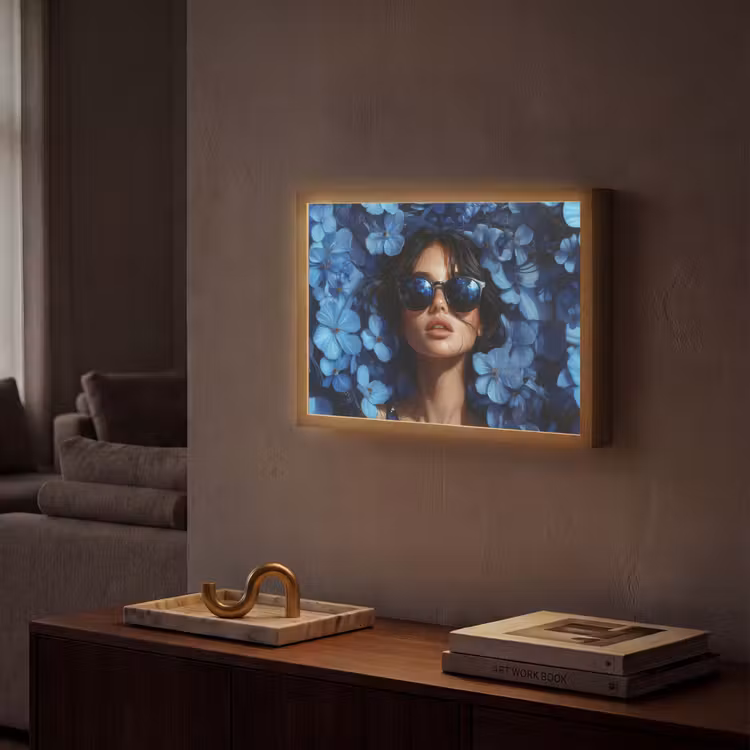 Vrouw - Blauw - Bloemen - Vlinders - Natuur Light Box met batterij (Wandlamp) middel -sfeer1